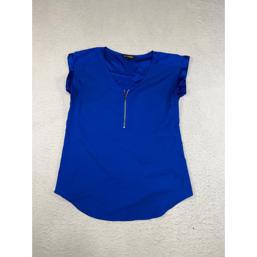 Express Womens Royal Blue V-Neck Half Zip Short Sleeve Blouse Size Small